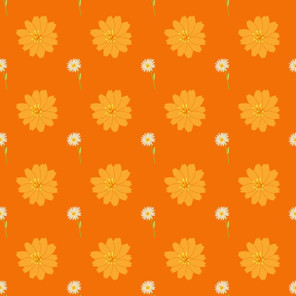 A seamless pattern of orange cosmos and daisy in a spring minimal shape floral concept, Vector