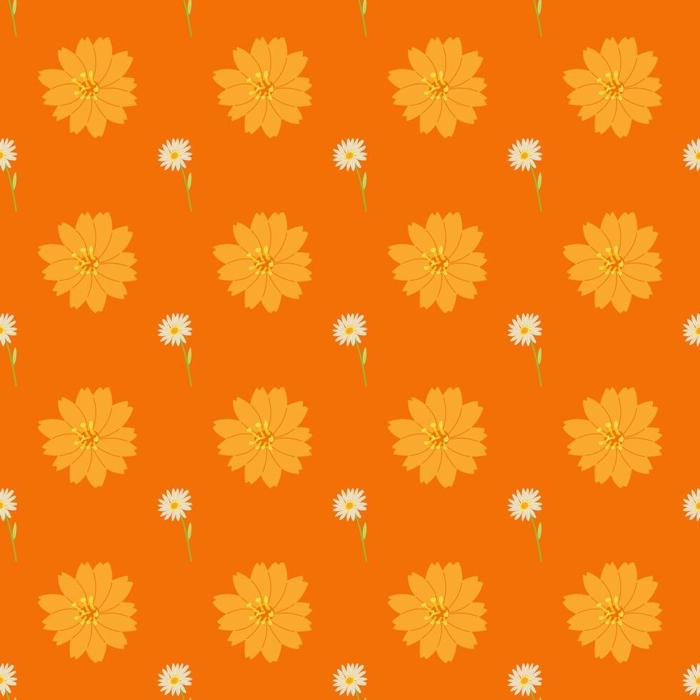 A seamless pattern of orange cosmos and daisy in a spring minimal shape floral concept, Vector