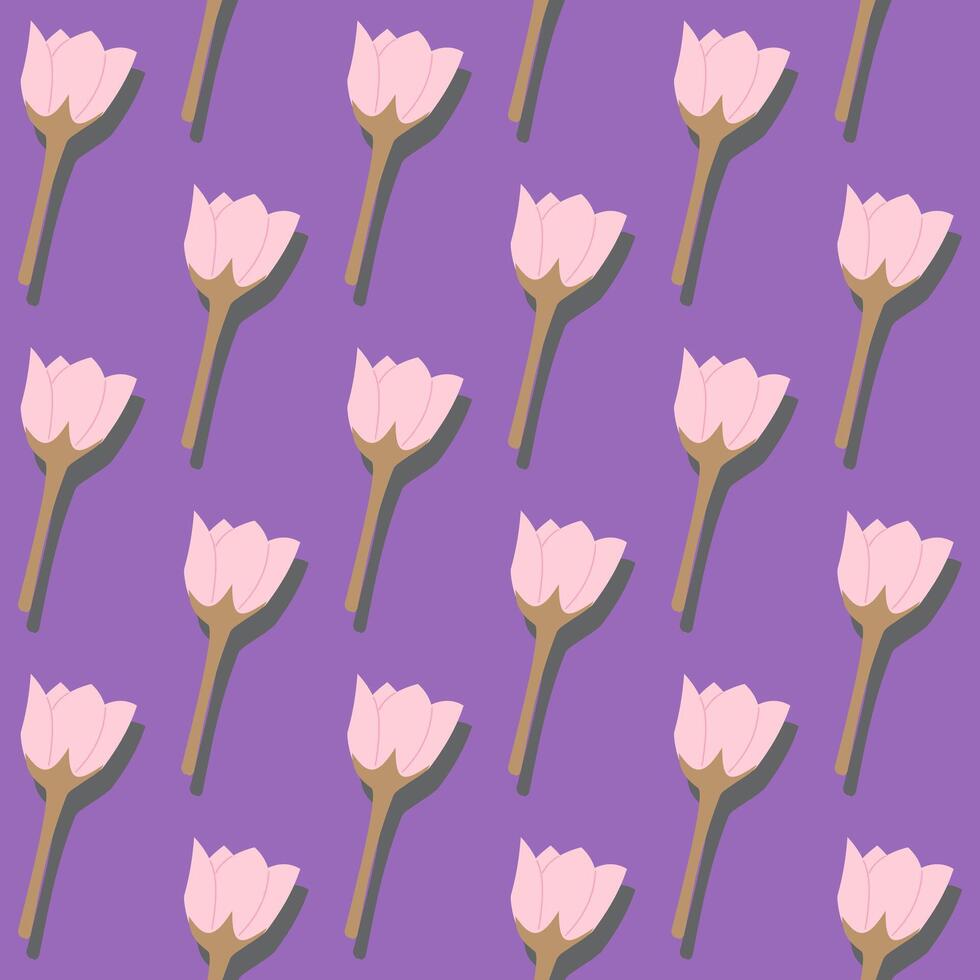 A seamless pattern of pink flower blooming on a purple background in a spring minimal floral concept, Vector
