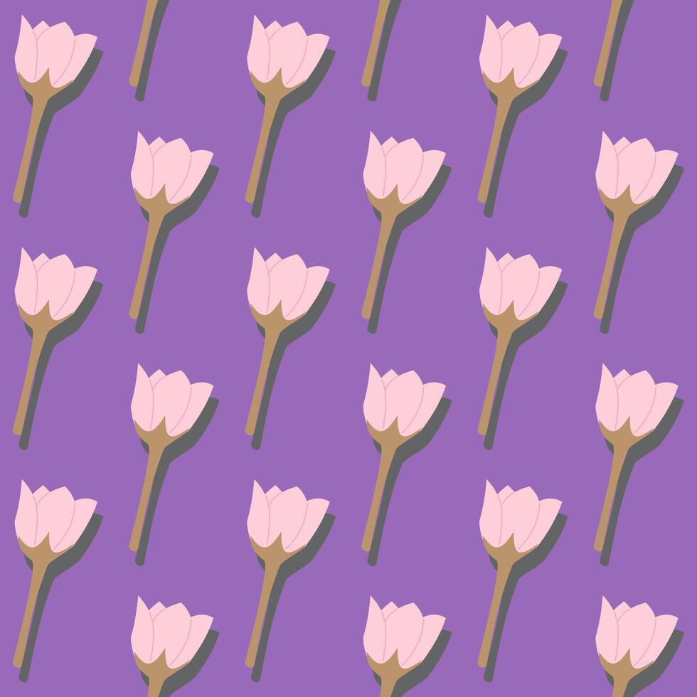 A seamless pattern of pink flower blooming on a purple background in a spring minimal floral concept, Vector