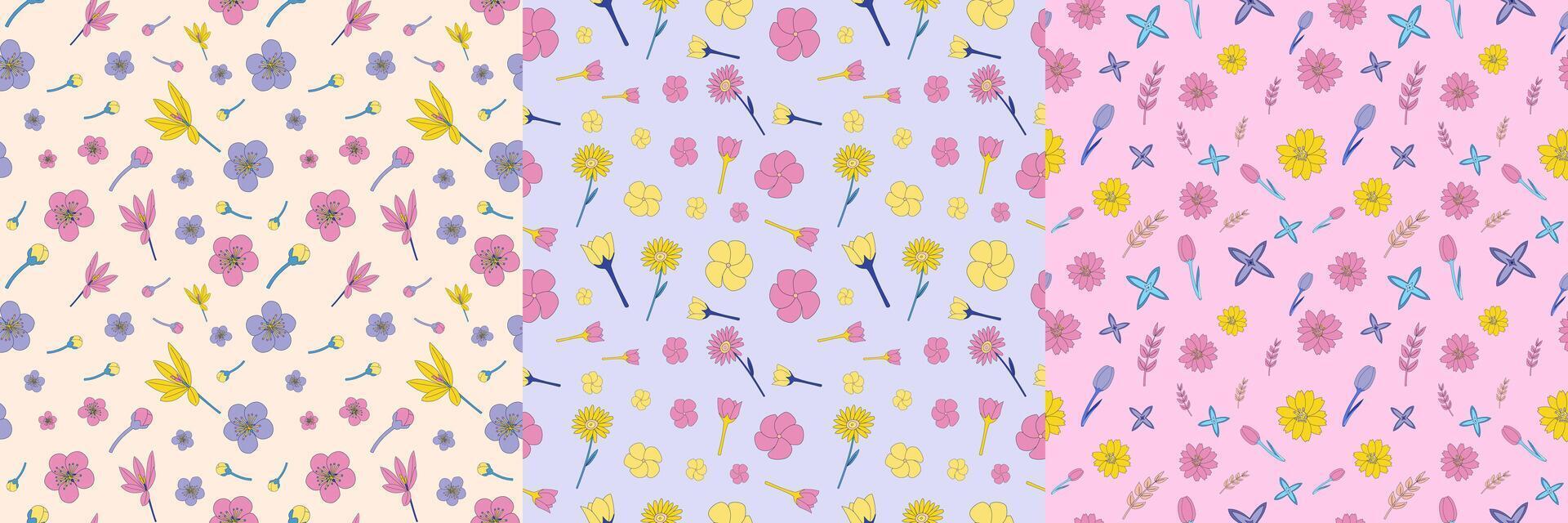 A seamless pattern set of spring elements such as orange flower, daisy, crocus, apple blossom, Frangipani, tulip, and others in a hand-drawn minimal floral concept, Vector