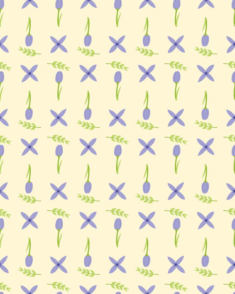 A seamless pattern of purple flower on a yellow background in a spring minimal shape floral concept, Vector