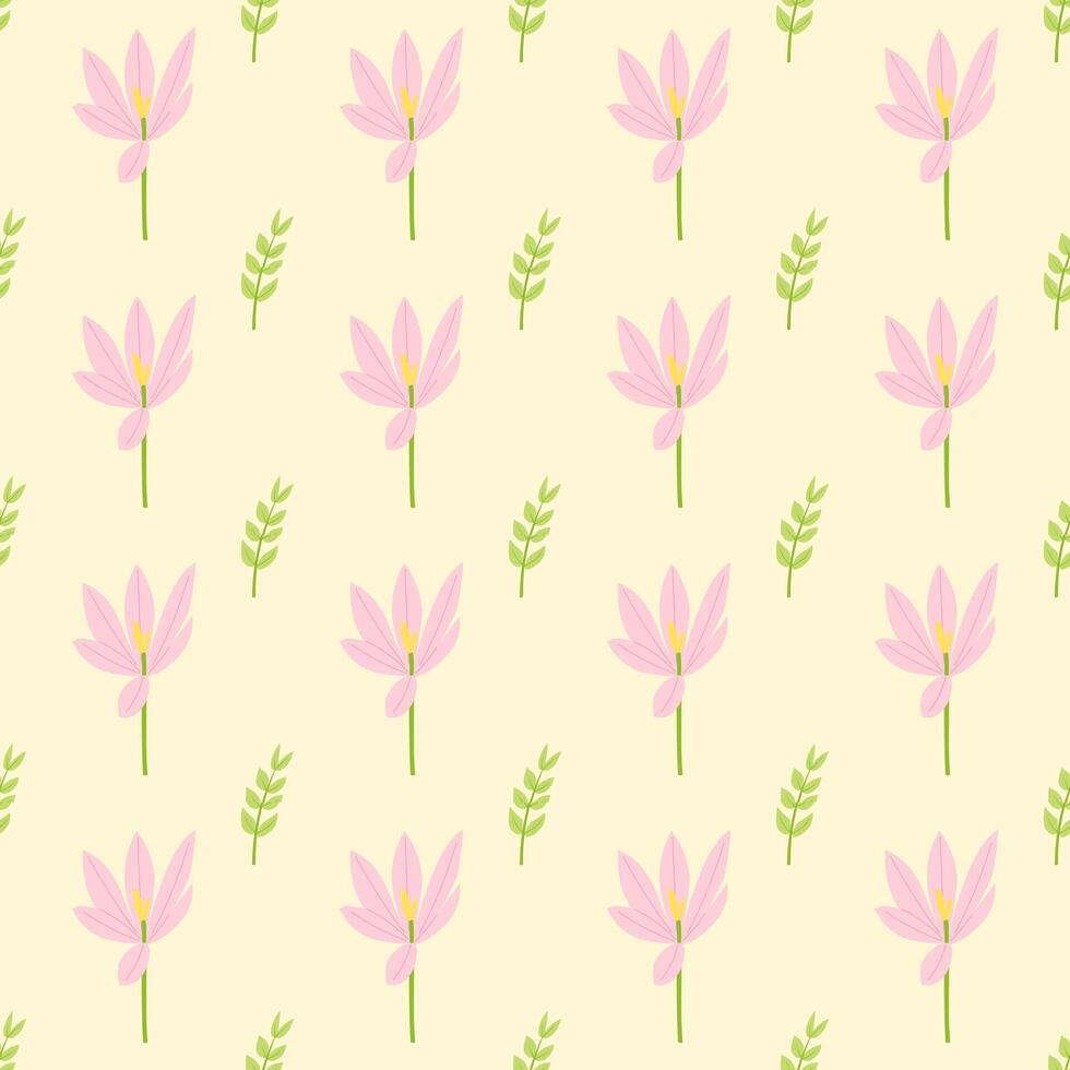 A seamless pattern of crocus and tree branches and leaves in a spring minimal shape floral concept, Vector
