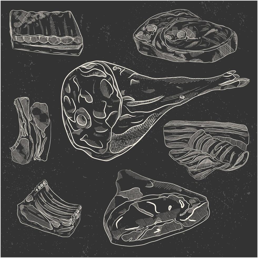 Meat outline icon set vector illustration. Hand drawn pork steaks with or without bone, jamon, prosciutto and ribs in white lines meat collection on black with grunge texture.