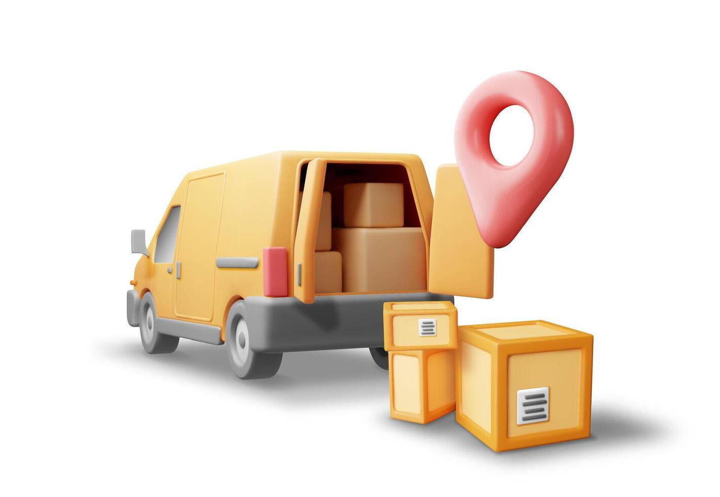 3D Delivery Van and Cardboard Boxes Isolated on White. Render Express Delivering Services Commercial Truck. Concept of Fast and Free Delivery by Car. Cargo and Logistic. Realistic Vector Illustration