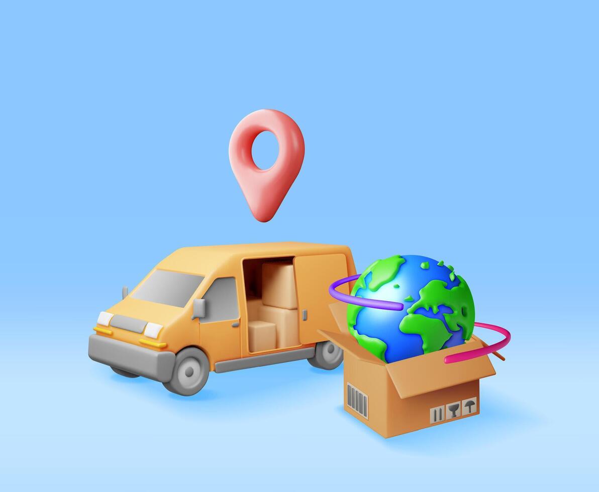 3D Delivery Van and Cardboard Boxes Isolated on White. Render Express Delivering Services Commercial Truck. Concept of Fast and Free Delivery by Car. Cargo and Logistic. Realistic Vector Illustration