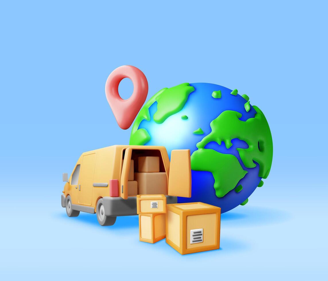 3D Delivery Van and Cardboard Boxes Isolated on White. Render Express Delivering Services Commercial Truck. Concept of Fast and Free Delivery by Car. Cargo and Logistic. Realistic Vector Illustration