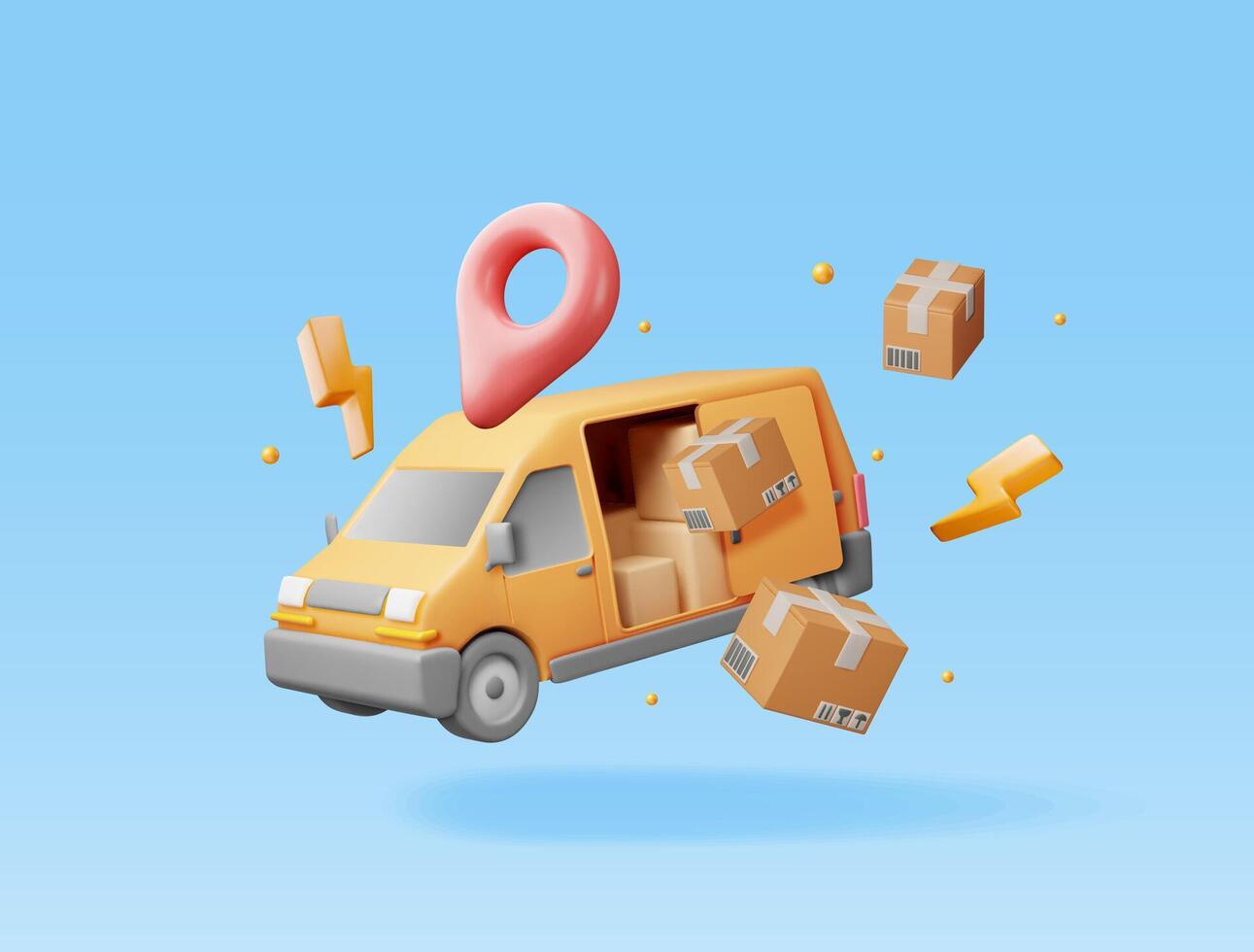 3D Delivery Van and Cardboard Boxes Isolated on White. Render Express Delivering Services Commercial Truck. Concept of Fast and Free Delivery by Car. Cargo and Logistic. Realistic Vector Illustration