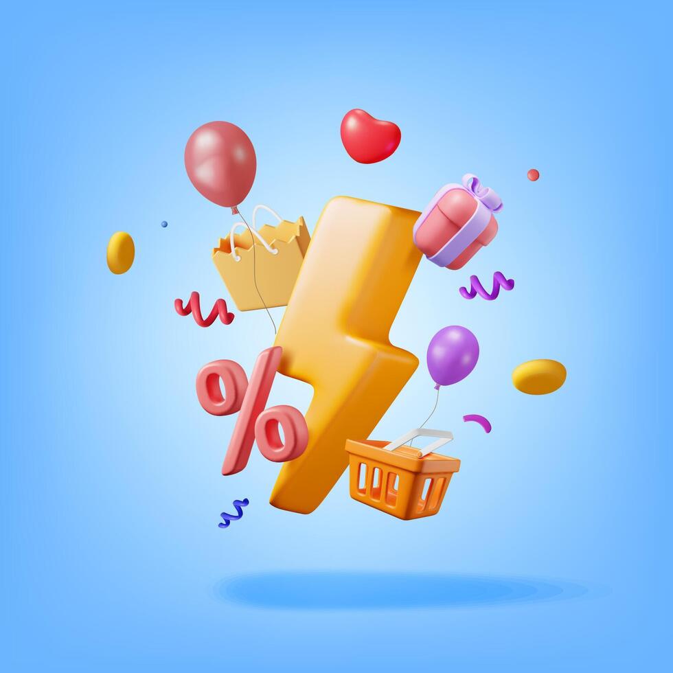 3D Orange Plastic Lightning with Shopping Basket, Gift Boxes and Bags. Render Realistic Shopping Concept Icon. Flash Sale Symbol. Percent Sign and Balloons. Cartoon Vector Illustration