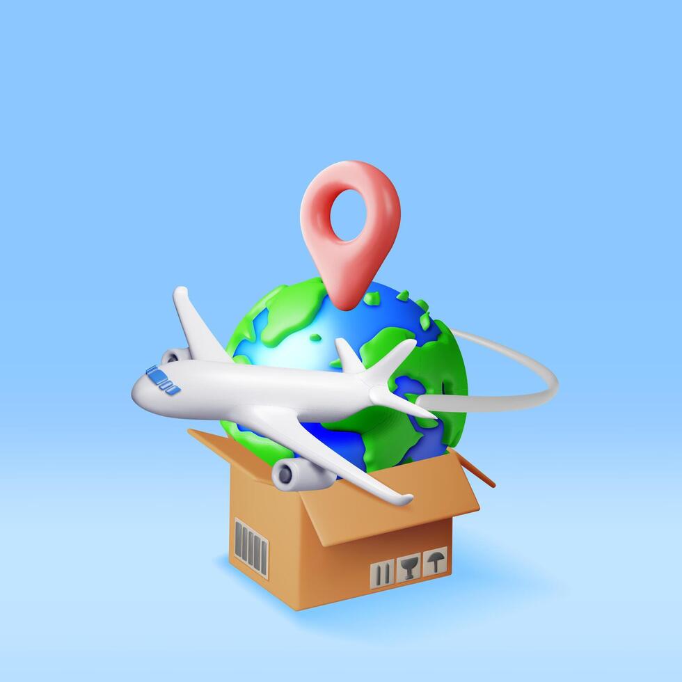 3D Delivery Airplane, Globe and Cardboard Box Isolated. Render Express Delivering Services Commercial Plane. Concept of Fast and Free Delivery by Aircraft. Cargo and Logistic. Vector Illustration