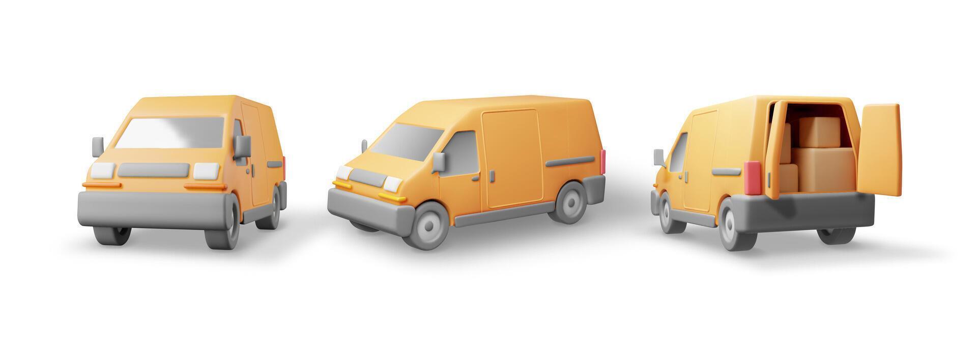 3D Set of Delivery Van Car Isolated on White. Render Collection of Express Delivering Services Commercial Truck. Concept of Fast and Free Delivery by Car. Cargo and Logistic. Vector Illustration