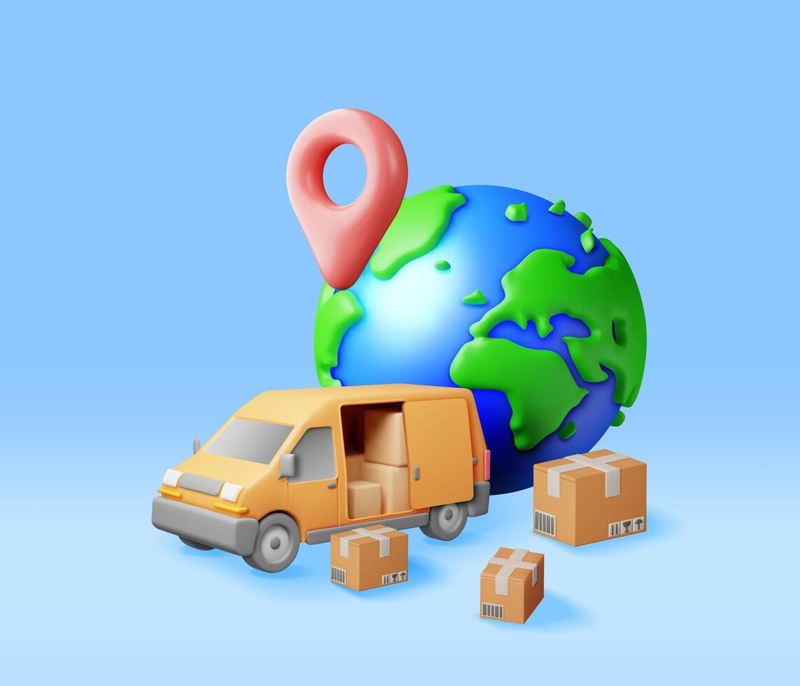 3D Delivery Van and Cardboard Boxes Isolated on White. Render Express Delivering Services Commercial Truck. Concept of Fast and Free Delivery by Car. Cargo and Logistic. Realistic Vector Illustration