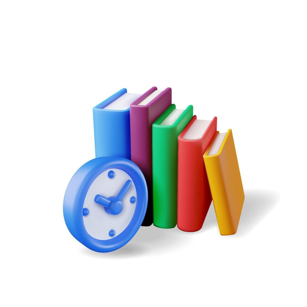 3d Clock and Stack of Books Isolated on White. Render Concept Time to Study. Time Management Icon. Back to School Symbol. Learning Reading Education, E-book, Literature, Textbook. Vector Illustration