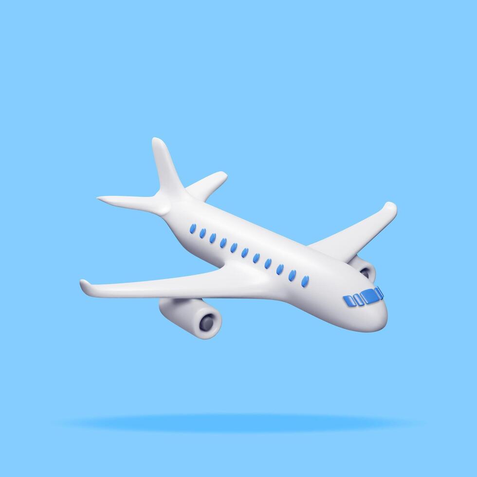 3D White Realistic Airplane Isolated on Blue Background. Render Passenger or Commercial Jet Icon. Time for Travel Concept. Traveling Booking Agency and Airlines. Holiday Vacation. Vector Illustration