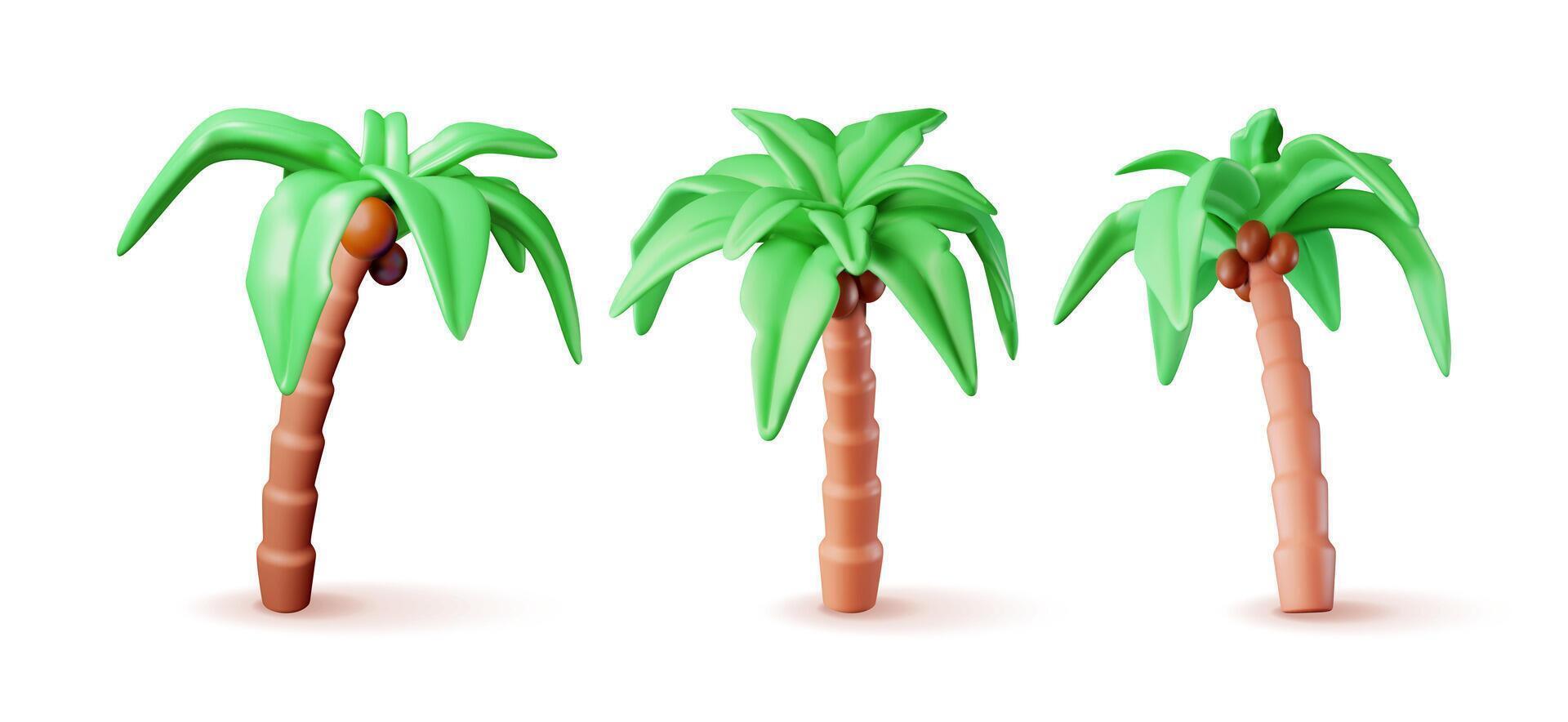 3d Set of Palm Tropic Plant Isolated on White. Render Palm Jungle Tree Icon. Tropical Green Palm. Jungle Leaves. Coconut Palm, Monstera. Natural Leaf, Exotic Branches Tree. Vector Illustration