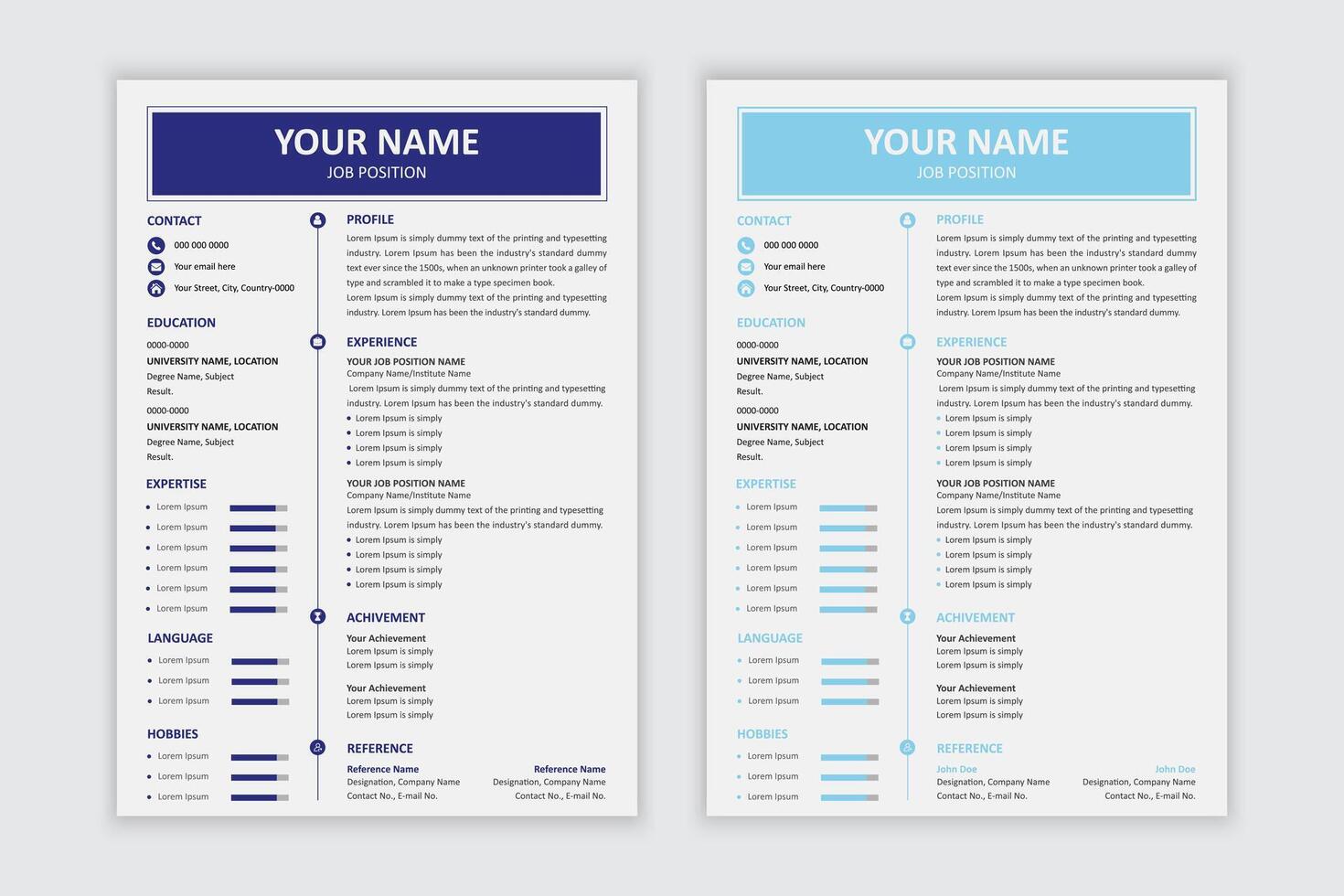 This is modern minimal resume template navy blue - sky blue color combination, custom vector illustration