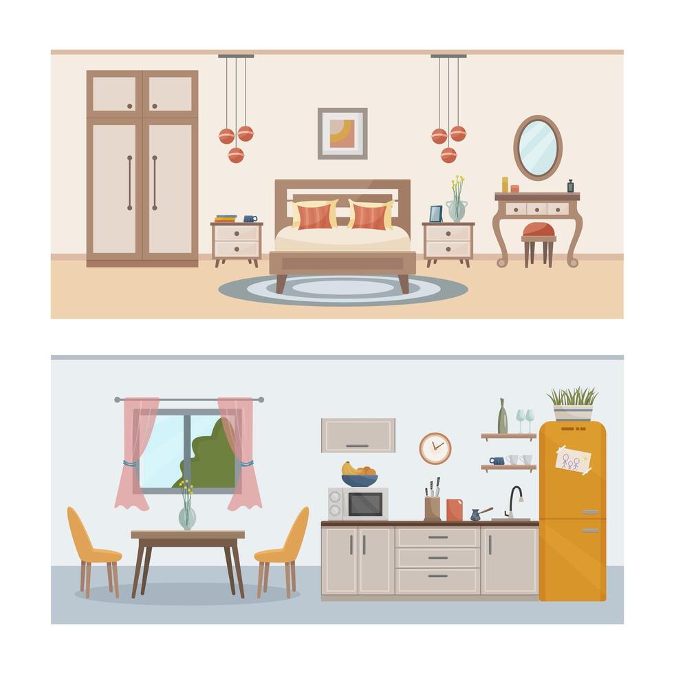 partment inside. Set with interiors, bathroom, living room and bedroom. Furnished rooms. Flat vector illustration of rooms with furniture.