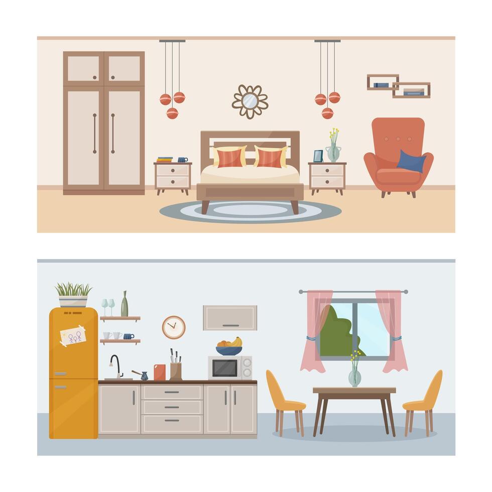 Apartment inside. Set with interior, kitchen and bedroom. Furnished rooms. Flat vector illustration of rooms with furniture.