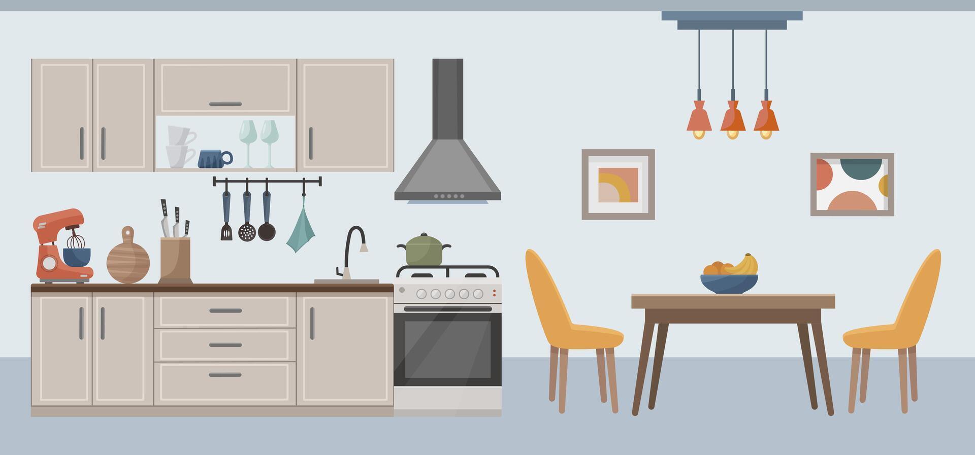 Cozy kitchen interior with furniture, stove, extractor hood. Decor for the kitchen. Kitchen furniture table, chairs, shelf, picture, kitchen window. Vector in flat style.