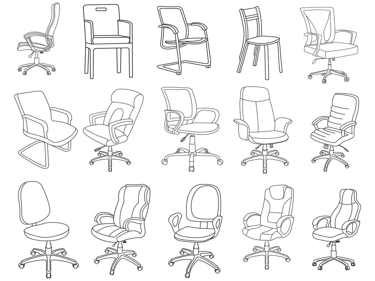 Stylish modern office chair, assorted set of office chairs, Vector minimal office chairs angle view isolated on white background.