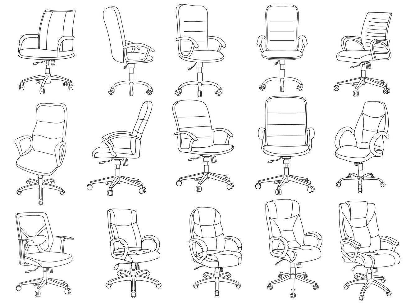 Stylish modern office chair, assorted set of office chairs, Vector minimal office chairs angle view isolated on white background.