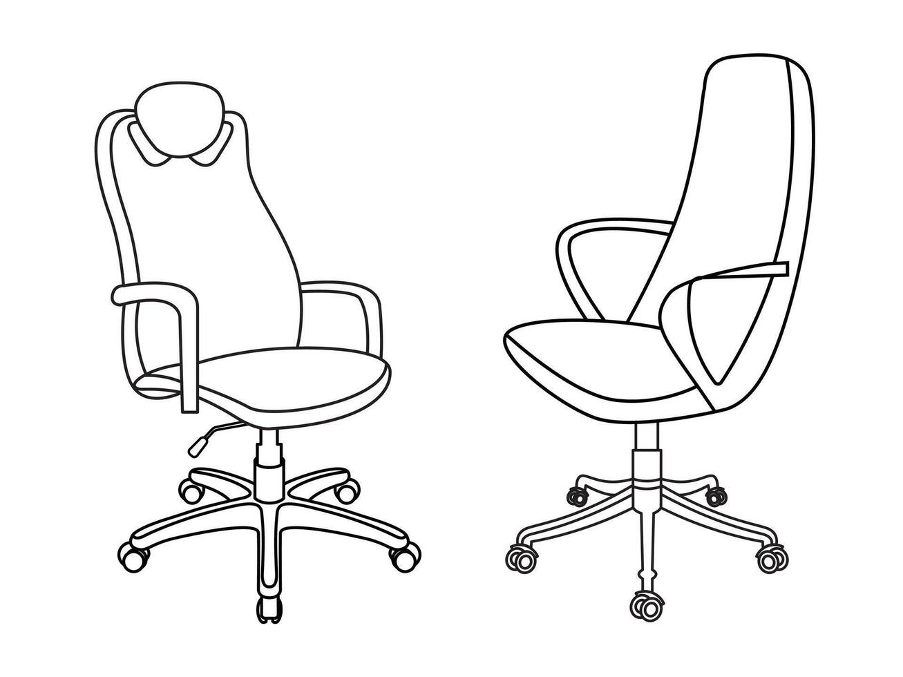 Stylish modern office chair, assorted set of office chairs, Vector minimal office chairs angle view isolated on white background.