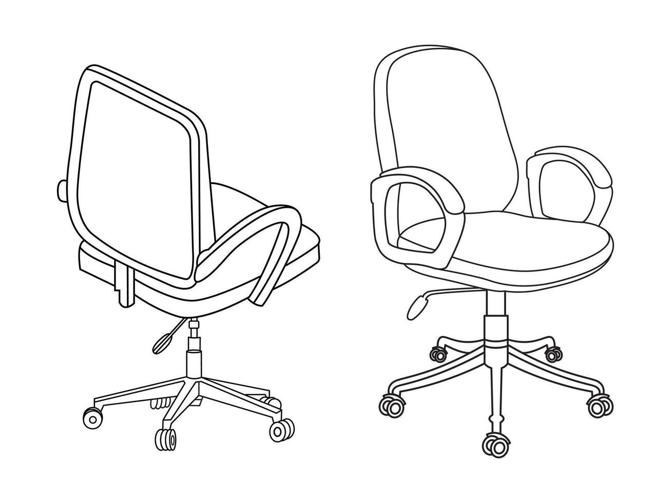 Stylish modern office chair, assorted set of office chairs, Vector minimal office chairs angle view isolated on white background.