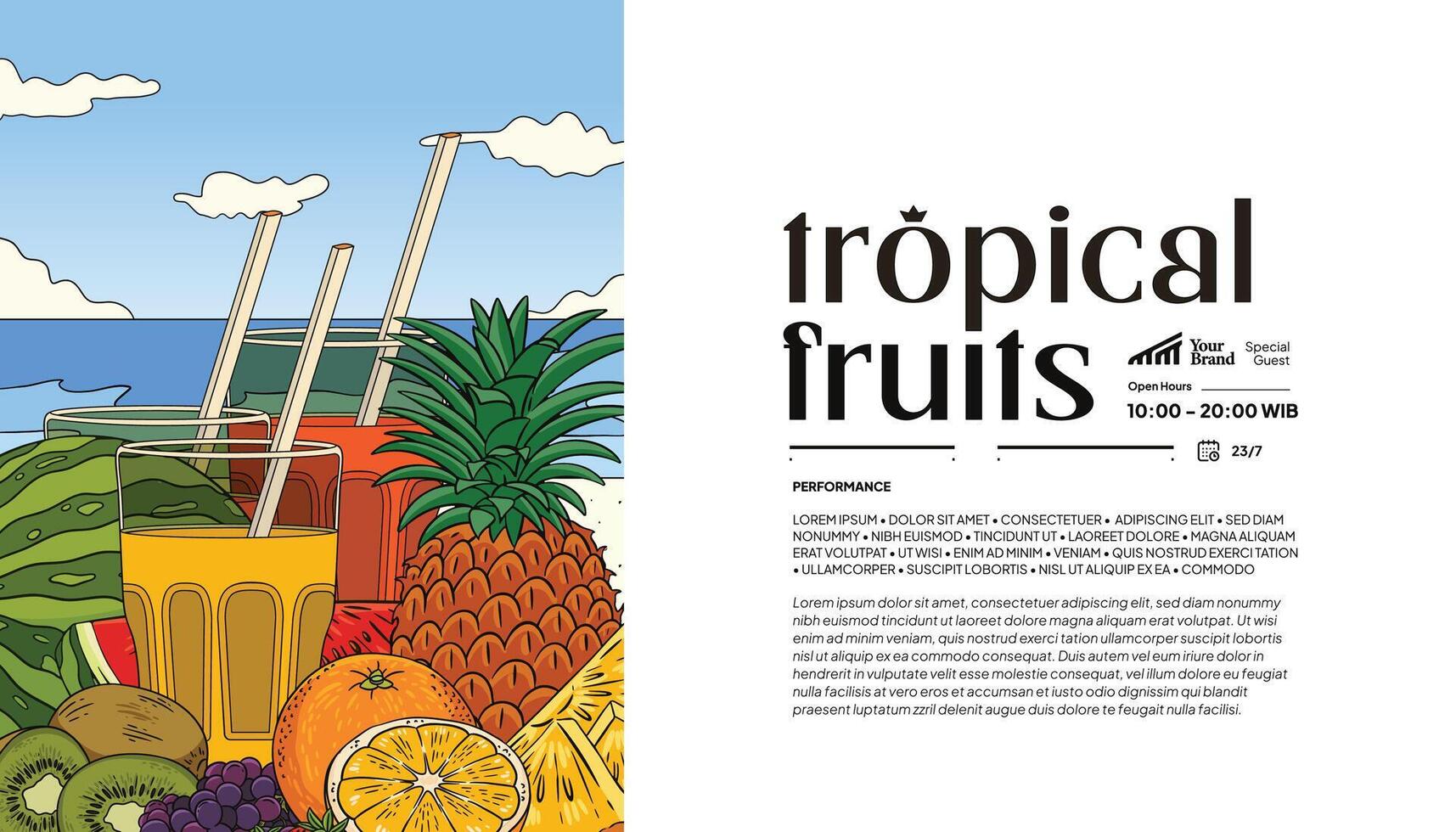 turismo o salud evento póster idea con tropical frutas ilustración vector