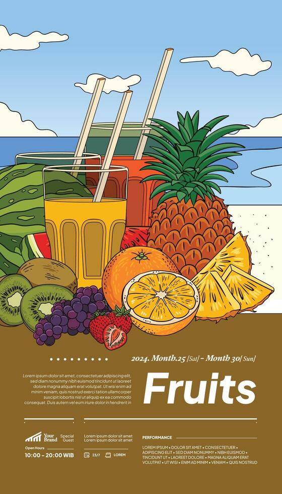 Tropical fruits illustration layout poster for social media post vector