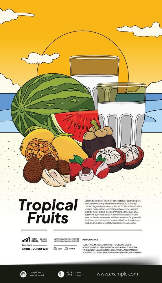 Tropical fruits illustration layout poster for social media post vector