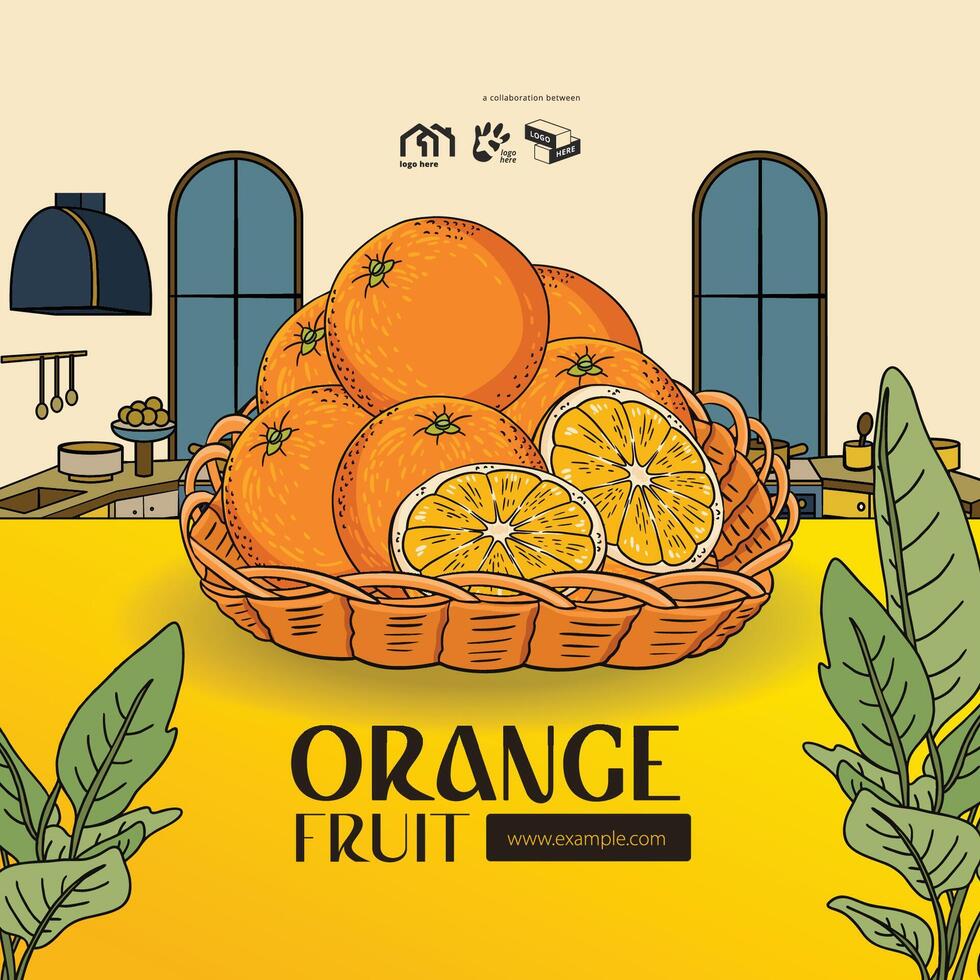 Tropical fruit Orange illustration with kitchen background vector