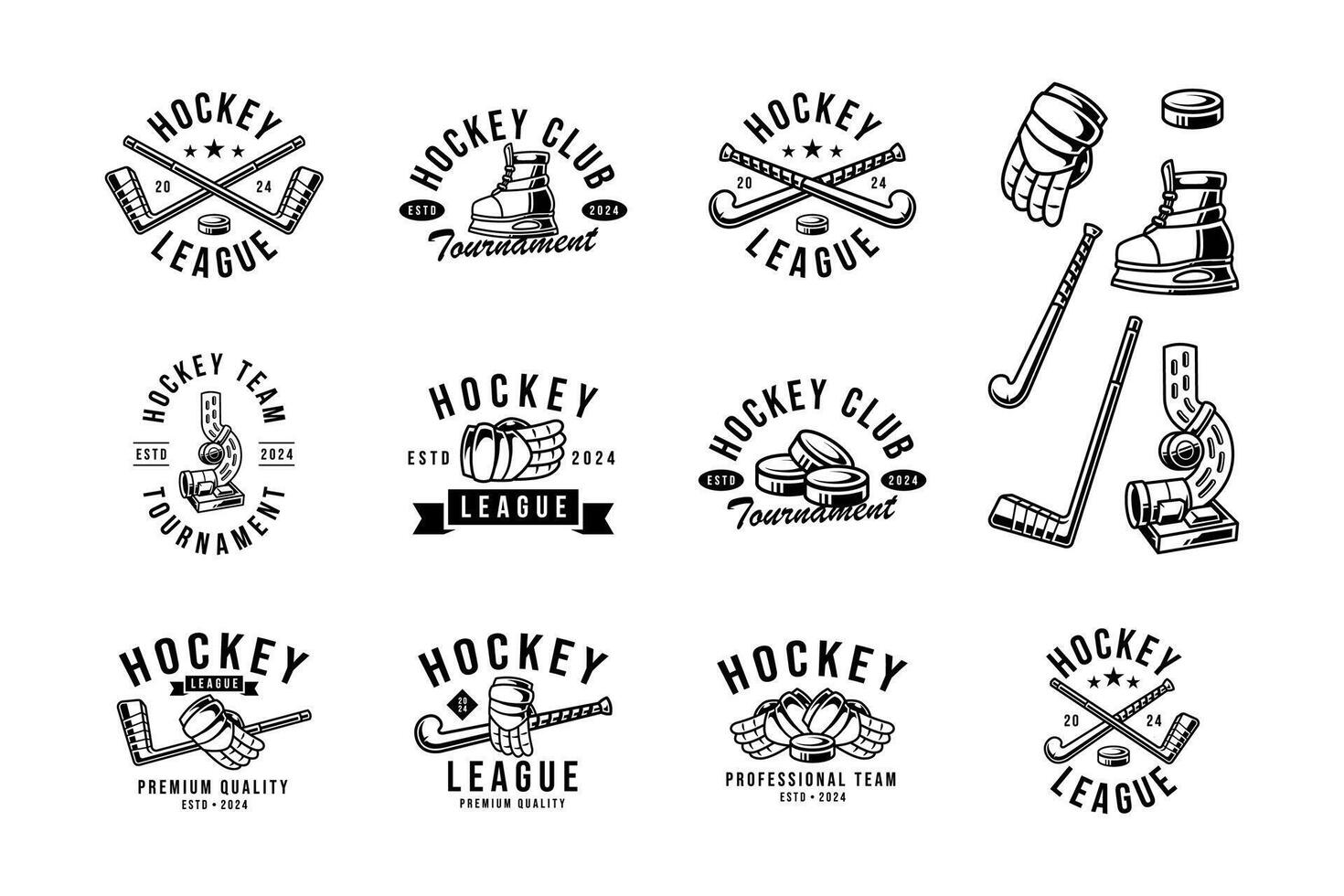 hockey emblem logo set with hockey puck stick glove thrower and ice skate vector for hockey team