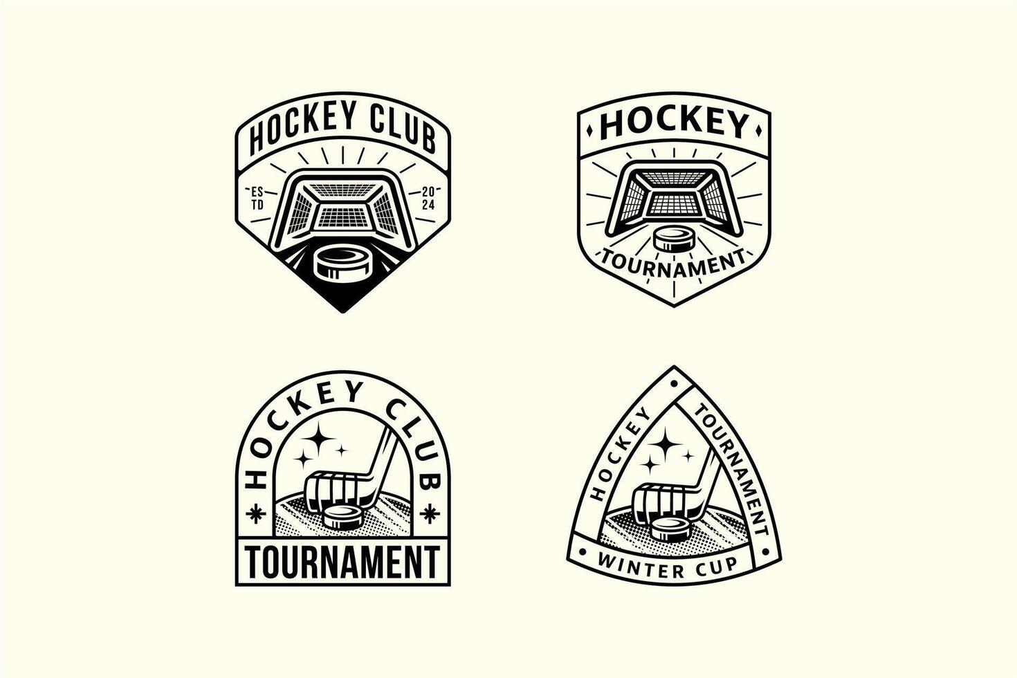 set of hockey outline badge logos with hockey puck and stick and wicket element design for hockey team and league and champion vector