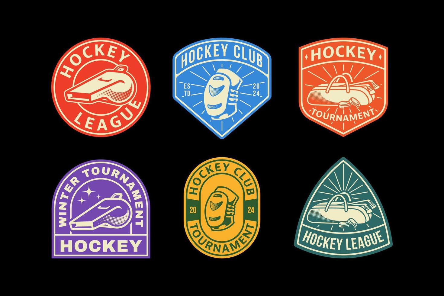 set of hockey badge logos with hockey bag and whistle and knee pads element design for hockey team and league and champion vector