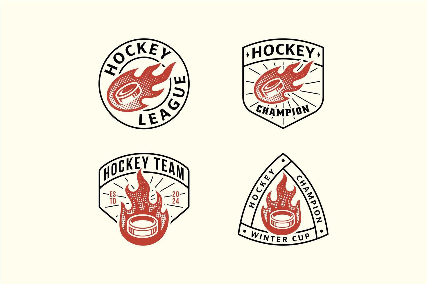 set of hockey outline badge logos with hockey puck and fire shot element design for hockey team and league and champion vector