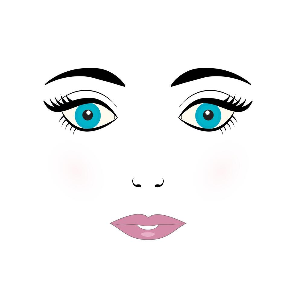 linda joven mujer cara vector ilustración. muñeca cara con azul ojos, pestañas, Cejas y rosado labios en blanco antecedentes.