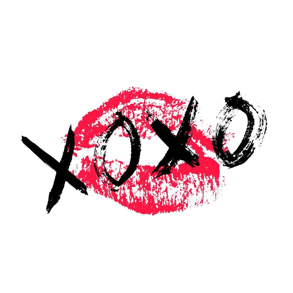 xoxo frase escrita a mano y beso de lápiz labial rojo aislado sobre fondo blanco. signo de abrazos y besos. letras de pincel grunge xo. plantilla fácil de editar para tarjeta de felicitación, pancarta, afiche del día de san valentín. vector