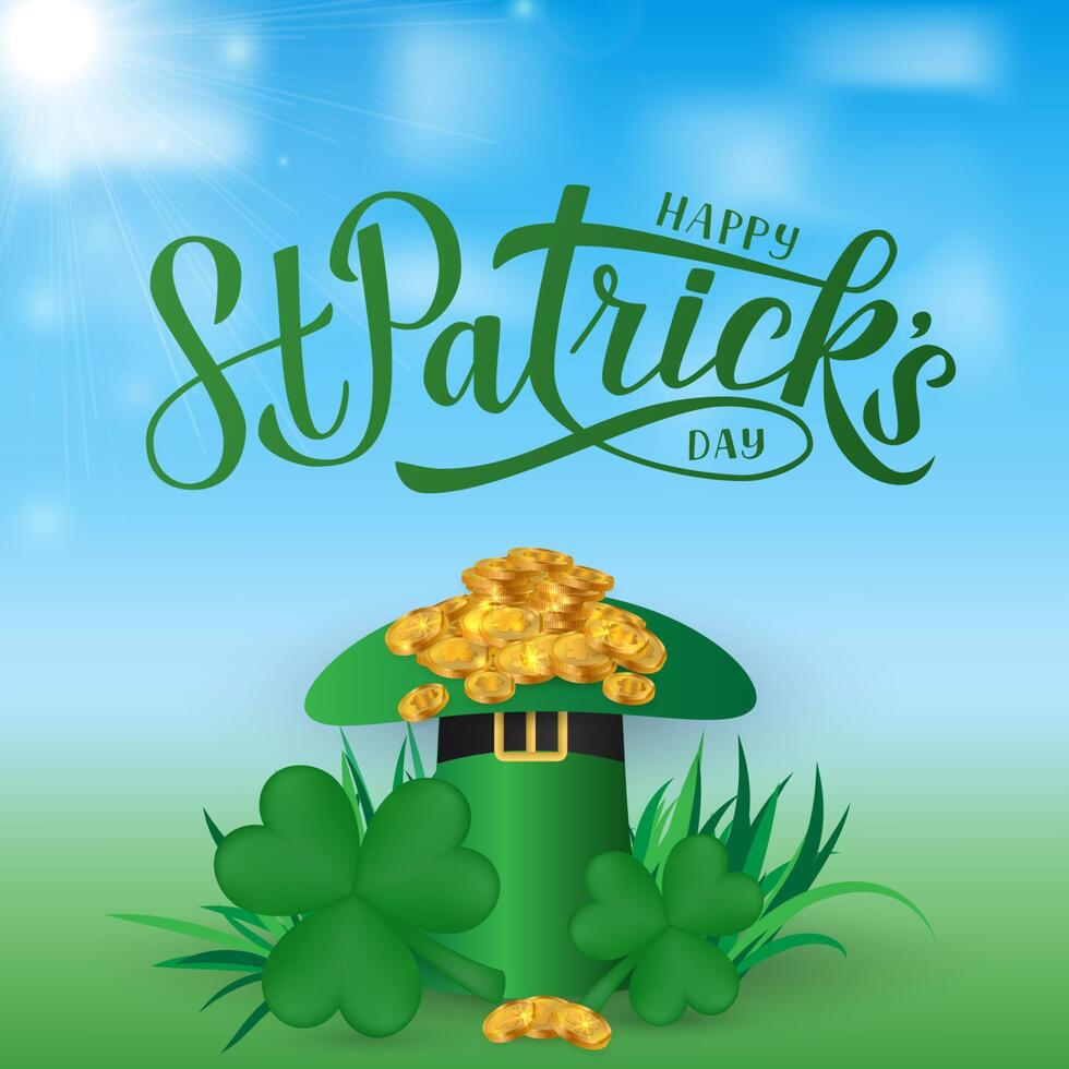 Happy St. Patricks day calligraphy hand lettering, Leprechaun hat, clover and golden coins. Saint Patricks day greeting card, party invitation, banner, poster, flyer. Vector illustration.