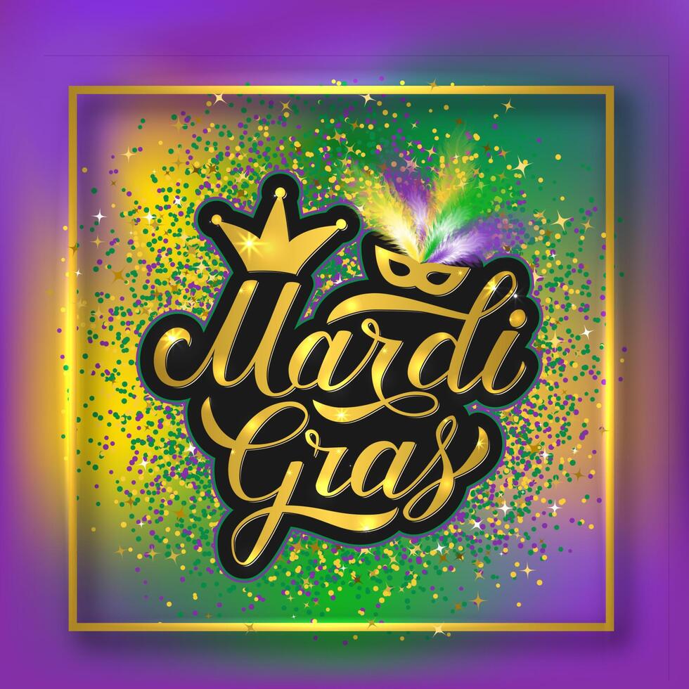 Mardi Gras calligraphy hand lettering with shiny gold frame and confetti on colorful gradient background. Traditional carnival New Orleans. Vector template for banner, flyer, party invitation.