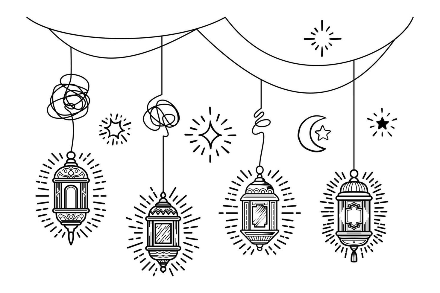 Doodles line art of ramadan kareem greeting card concept. vector