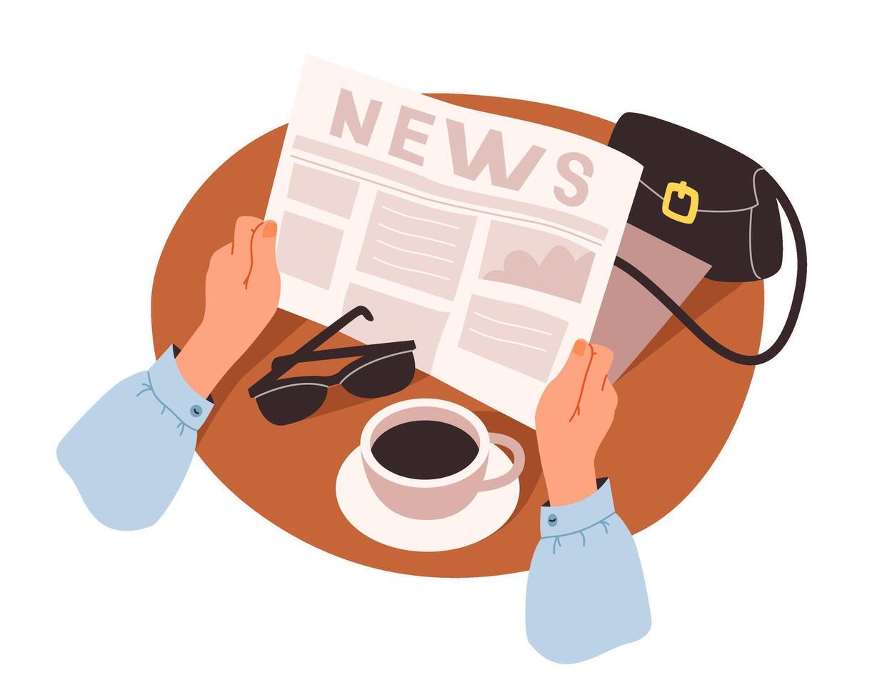 Female hands holding a newspaper. Businesswoman in a cafe with a cup of coffee and reading a newspaper. Flat vector illustration