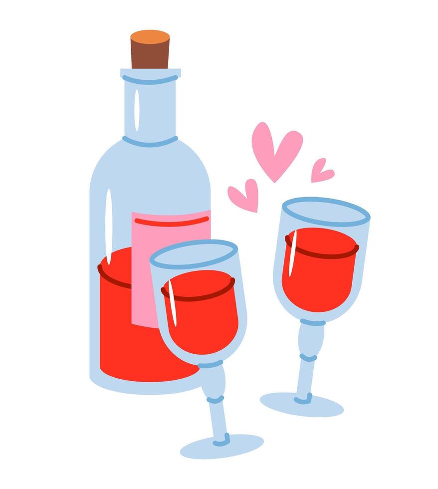 Bottle of wine and glasses. Love concept. Vector illustration