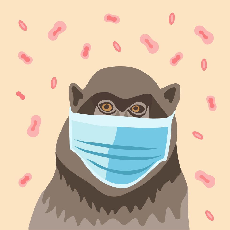 Vector isolated illustration of a monkey in a mask with monkeypox bacteria. Smallpox pandemic.