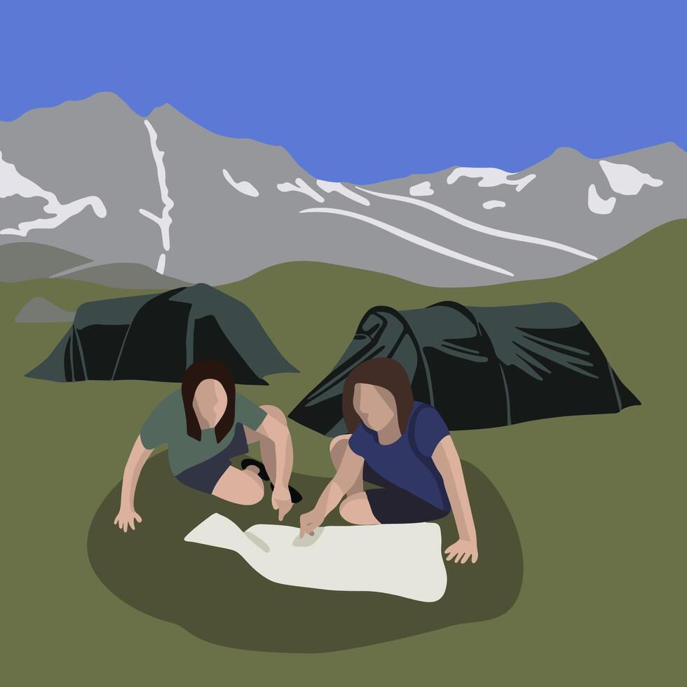 Vector isolated illustration of mountain landscape with tents. Camping in the mountains. Two girls are looking at a map. Orientate in the mountains