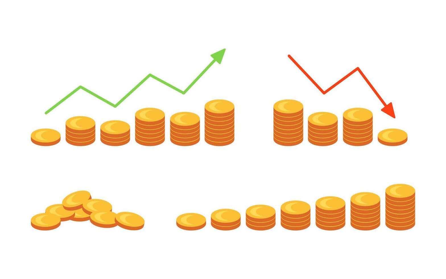 Money, stacks of coins with up and down arrows. Set of piles of gold coins, treasure. Bank and finance. Investment, profit or benefit. Economy, currency growth chart concept. Vector illustration.