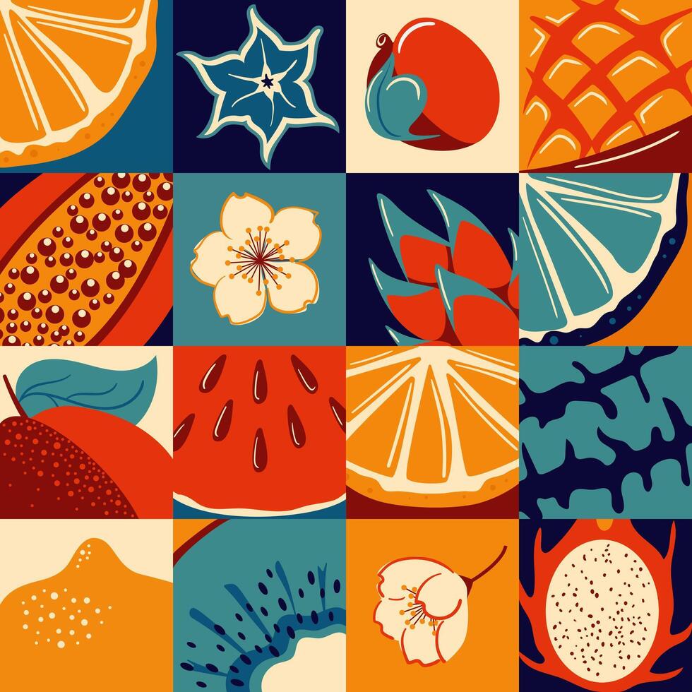 Tropical exotic fruits. Retro design. Vintage summer seamless pattern. Fresh lemon and lime wedges, watermelon, pitahaya dragon, star fruit and papaya, mango and kiwi. Healthly food. For menu, cafe vector