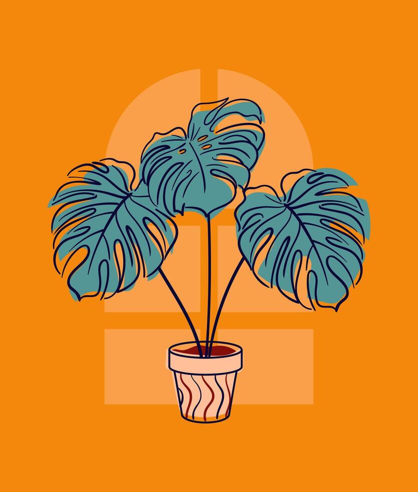 monstera delicata o atractivo, grande enredadera, aráceas. exótico planta en un maceta. hogar floricultura, casa plantas, pasatiempo. botánico vector ilustración en mano dibujado bosquejo estilo. contorno ilustraciones.