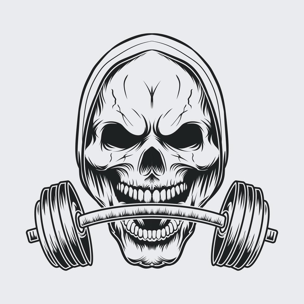 A skull bite on a gym dumble vector graphic illustration drawing
