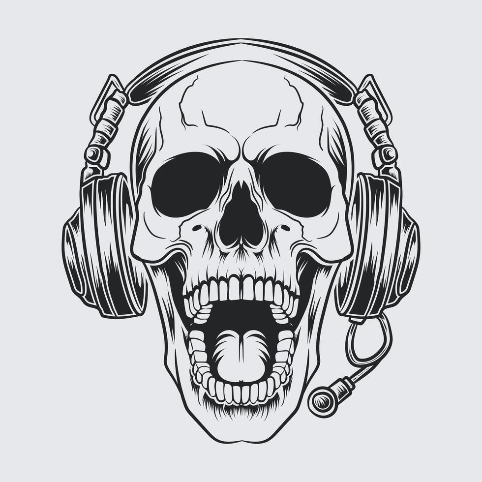 A laughing face skull wearing a music headphone vector illustration drawing