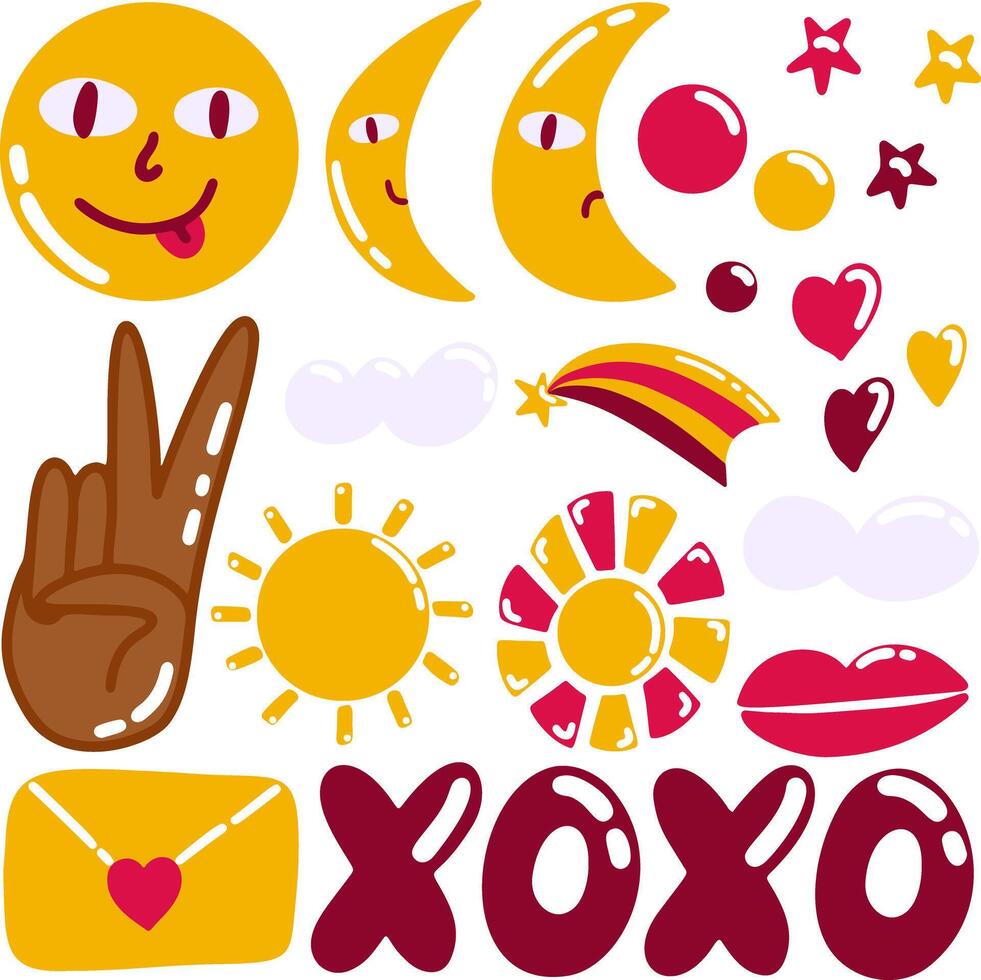 Groovy hippie 70s set. Funny cartoon flower, rainbow, peace, Love, heart. Sticker pack in trendy retro psychedelic cartoon style vector